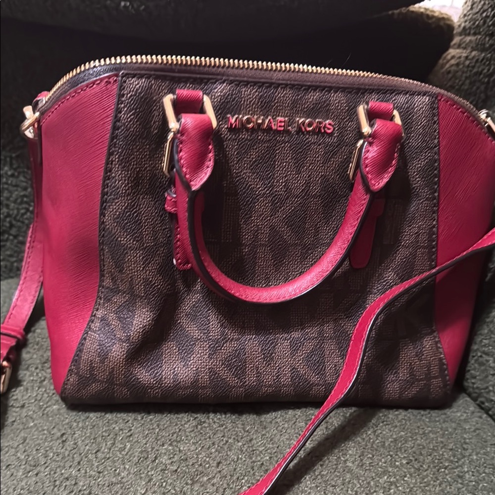 Michael Kors Pink and Brown Satchel with Monogram Print